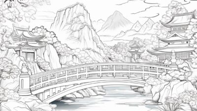 山沿いの川と橋①【塗り絵-無料】