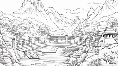 山沿いの川と橋②【塗り絵-無料】