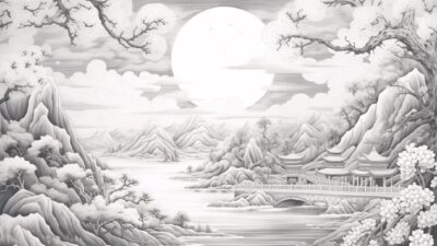 湖の上に浮かぶ月②【塗り絵-無料】